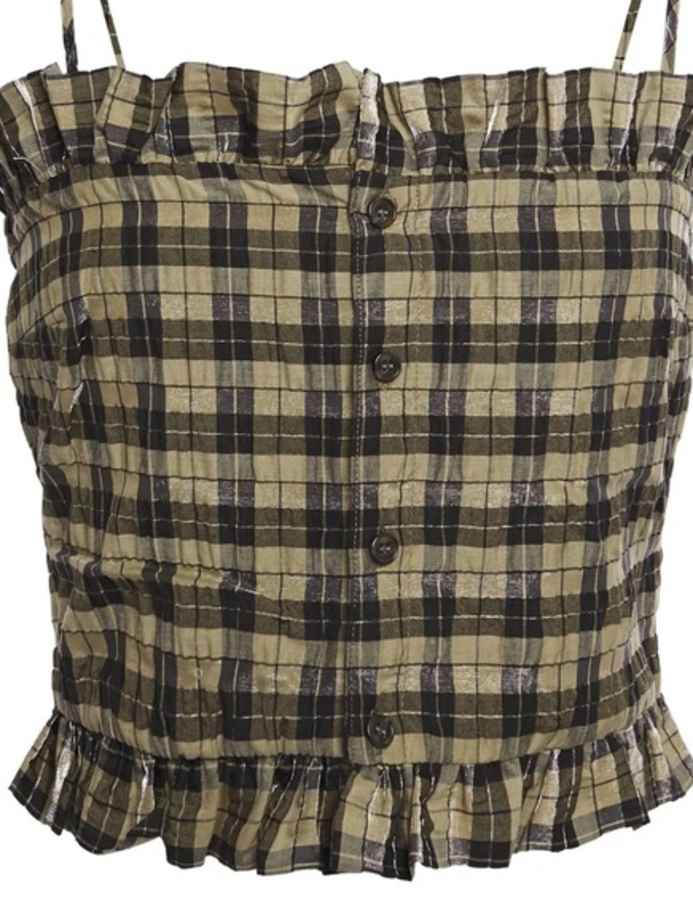 GANNI Checked Seersucker Plaid Ruffle Tie Shoulder Crop Top